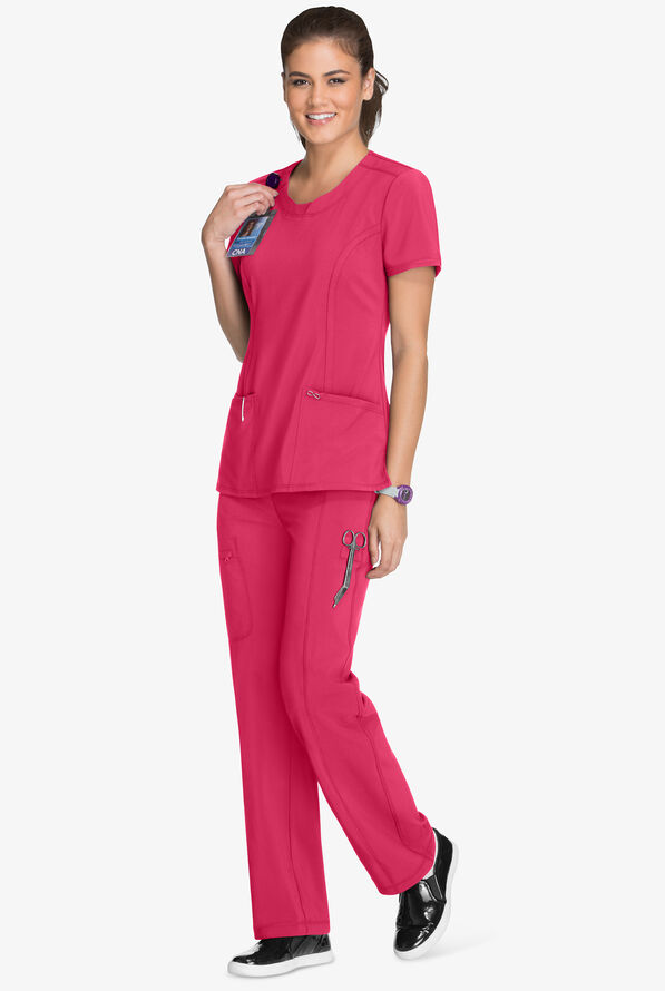Infinity Women's 3-Pocket STRETCH Round Neck Scrub Top - Carmine Pink - 2