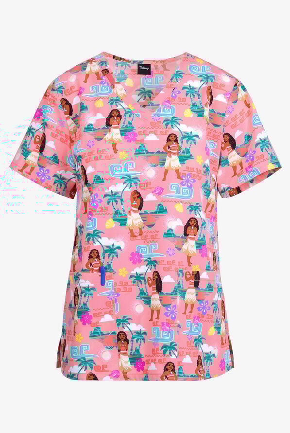 Tooniforms Disney's Moana The Sea Is Calling Women's 2-Pocket STRETCH V-Neck Print Scrub Top - null - 1