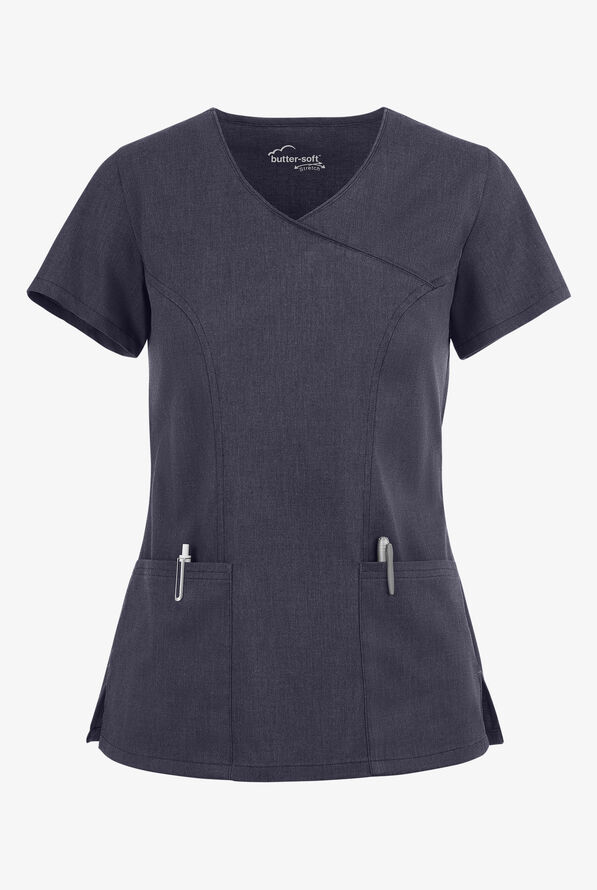Blusa m&eacute;dica UA Butter-Soft STRETCH estilo cruzado con cuello en V y 3 bolsillos para mujer - Indigo Denim - 1