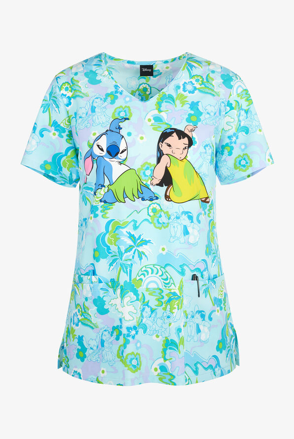 Blusa médica estampada Tooniforms Disney's High Tide Lilo and Stitch STRETCH con cuello en V y 3 bolsillos para mujer - null - 1