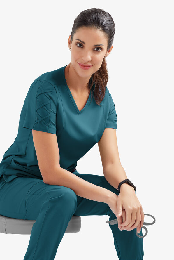Easy STRETCH Kylie Woman's 5 Pocket V-Neck With Criss-Cross Detail Scrub Top - Caribbean Blue - 5