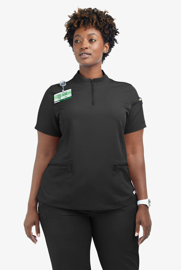 Butter-Soft Women's 5-Pocket Zipper Neck Short Sleeve Scrub Top **Slightly IRREGULAR** - Black - 5