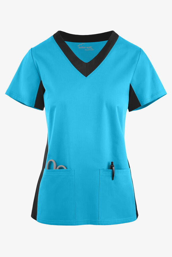 Butter-Soft STRETCH Women's 3-Pocket Contrast Scrub Top - Turquoise/Black - 1