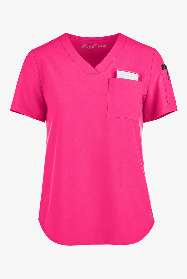 Easy STRETCH Chloe Women's 3-Pocket V-Neck Tuck-In Scrub Top - Reactive Pink - 1