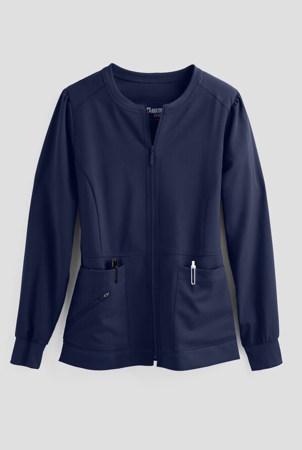 Grey's Anatomy by Barco Spandex STRETCH Millie Women's 3-Pocket Zip Front Warm Up Scrub Jacket - Indigo - 1