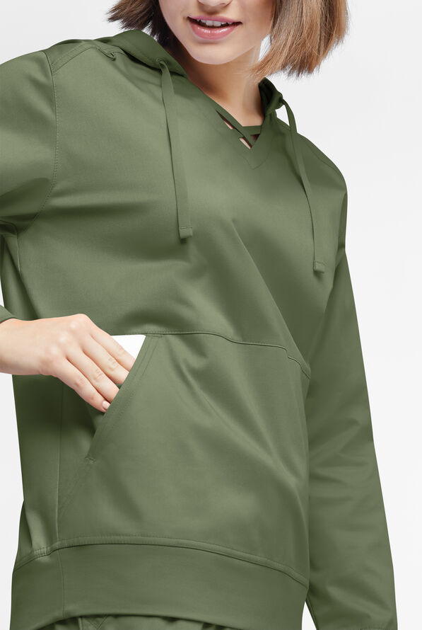 Sudadera m&eacute;dica UA Butter-soft STRETCH con capucha y 4 bolsillos para mujer - Light Olive - 3