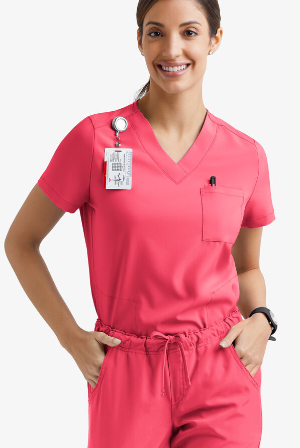 Easy STRETCH Taylor Women's 3-Pocket High Low Hem V-Neck Scrub Top - Bright Watermelon - 1