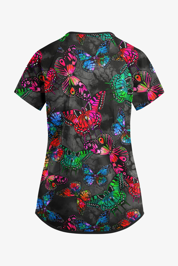 Blusa m&eacute;dica estampada Easy Stretch Butterfly Oasis Onyx con mangas ragl&aacute;n y 4 bolsillos para mujer - null - 3