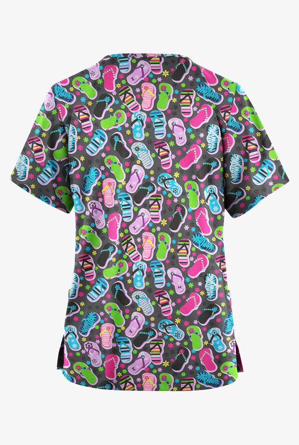 Butter-Soft Originals Flip Flop Fun Pewter Women's 2-Pocket Classic Fit V-Neck Print Scrub Top - null - 2