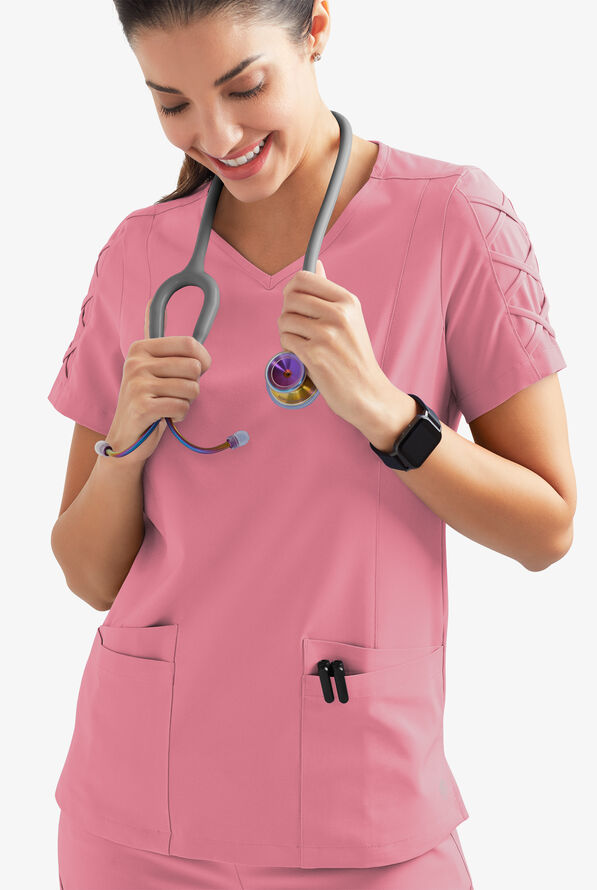 Easy STRETCH Kylie Woman's 5 Pocket V-Neck With Criss-Cross Detail Scrub Top - Cashmere Rose - 3