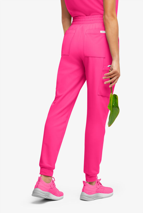 ReSurge Amber Women's Modern 7-Pocket Flat Front Slim Leg Jogger Scrub Pants - Reactive Pink - 4