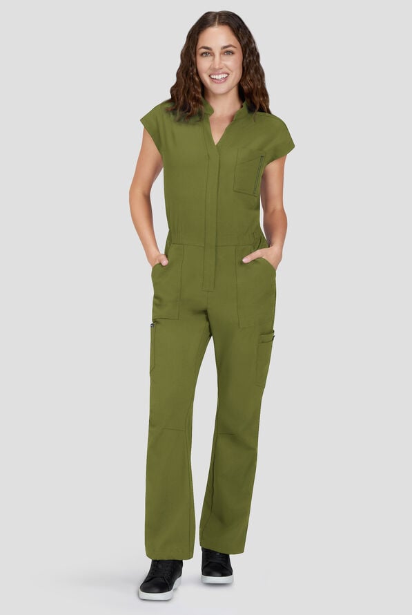 koi Solis Anja Women's 9-Pocket STRETCH Zip Front Dolman Sleeve Scrub Jumpsuit - Martini Olive - 1