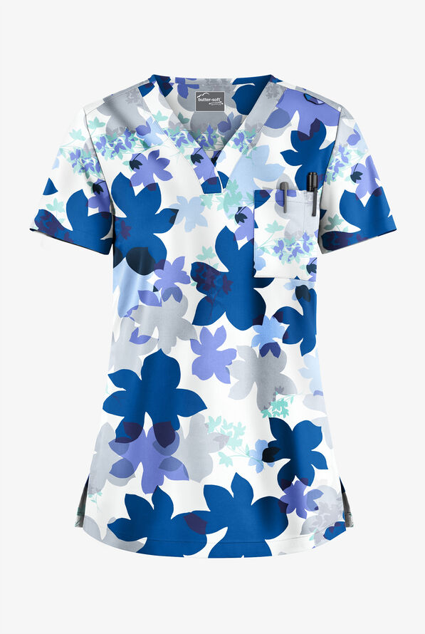 Butter-Soft STRETCH Floral Shades White Printed Women's 1-Pocket V-Neck Print Scrub Top - null - 1