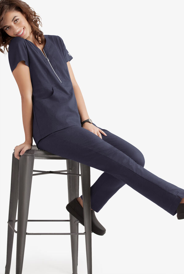 Butter-Soft STRETCH Women's 3-Pocket Elastic Waist Drawstring Scrub Pants - Tall - Indigo Denim - 2