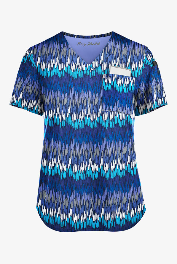 Easy STRETCH Brushstroke Chevron Navy Women's 1-Pocket Tuck-In Print Scrub Top - null - 1