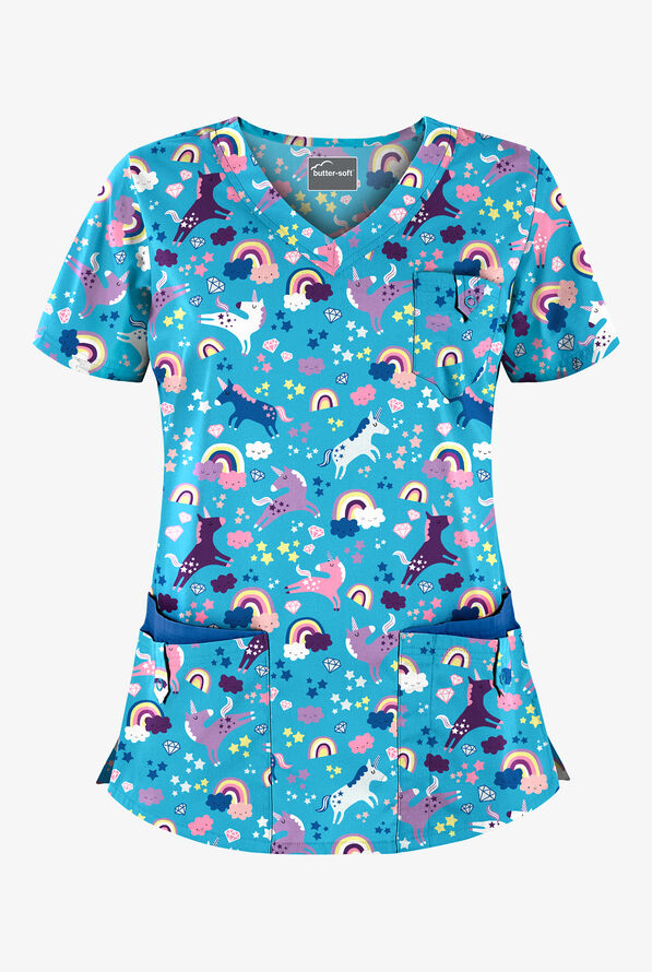 Butter-Soft Unicorn Adventure Turquoise Women's 5-Pocket Rounded V-Neck Print Scrub Top - null - 1