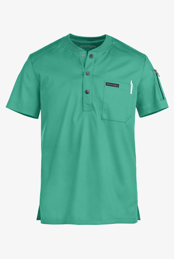 Advantage STRETCH Men's 2-Pocket Short Sleeve Henley Scrub Top - Bermuda Green - 1