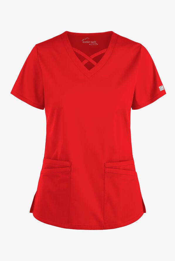 Blusa m&eacute;dica UA Butter-Soft STRETCH con lazos entrecruzados y 4 bolsillos para mujer - Venetian Red - 1