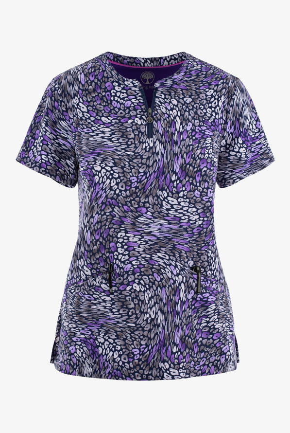Healing Hands Wild Harmony Abstract Women's 3-Pocket STRETCH Zip Neck Print Scrub Top - null - 1