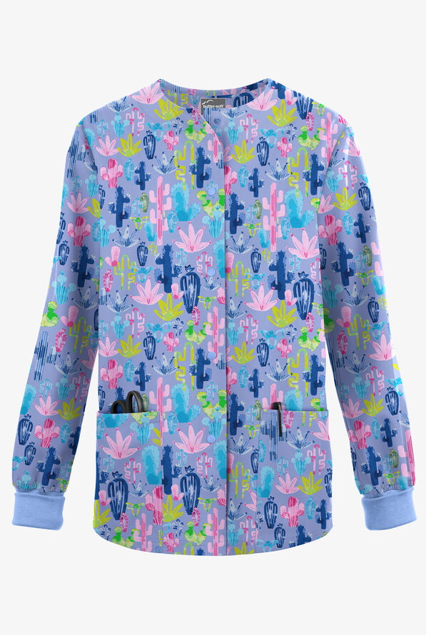 ButterSoft Originals Desert Cactus Ceil Women's 3Pocket WarmUp Print Scrub Jacket, Cotton Scrubs