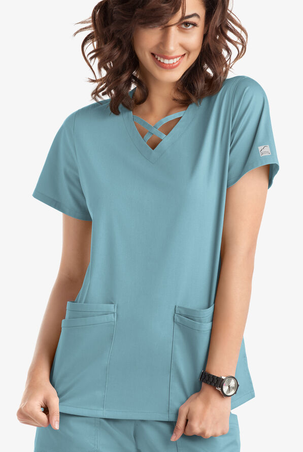 Blusa m&eacute;dica UA Butter-Soft STRETCH con lazos entrecruzados y 4 bolsillos para mujer - Dew Drop - 2