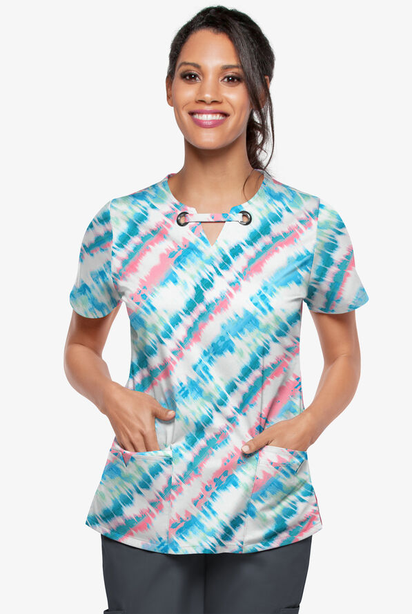 Butter-Soft STRETCH Belize Ikat Women's 4-Pocket Grommet Print Scrub Top - null - 2