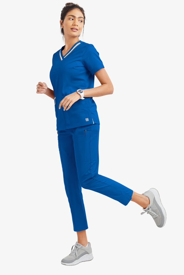 Pantalón médico UA Butter-Soft STRETCH de piernas entalladas acortadas con ribete deportivo y 6 bolsillos para mujer - Royal/Silver Melange - 5