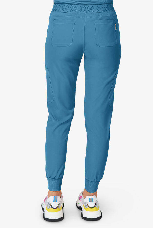 Zavate Ava Therese Women's 6-Pocket STRETCH Smile Face Elastic Waistband Cargo Jogger Scrub Pants - Petite - Blue Shadow - 3