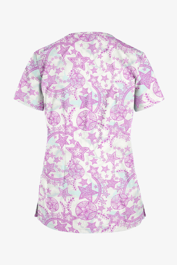 Butter-Soft Cosmic Stars Orchid Women's 4-Pocket Rounded V-Neck Print Scrub Top - null - 2