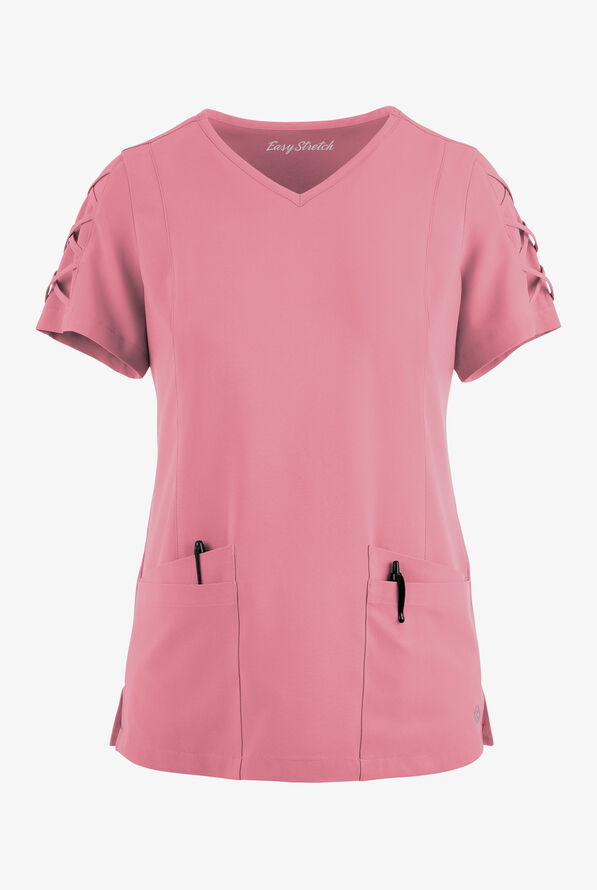 Easy STRETCH Kylie Woman's 5 Pocket V-Neck With Criss-Cross Detail Scrub Top - Cashmere Rose - 1