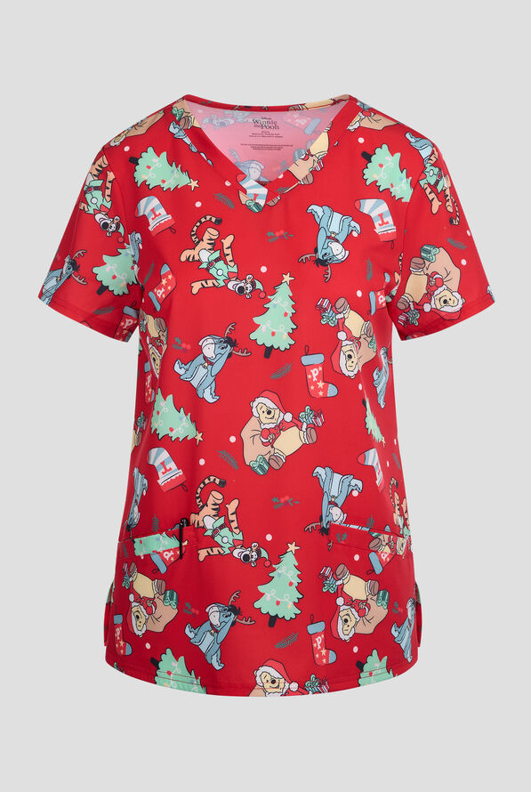 Blusa médica estampada Disney's Winnie the Pooh Christmas by Funscrubs STRETCH con cuello en V y 2 bolsillos para mujer - null - 1