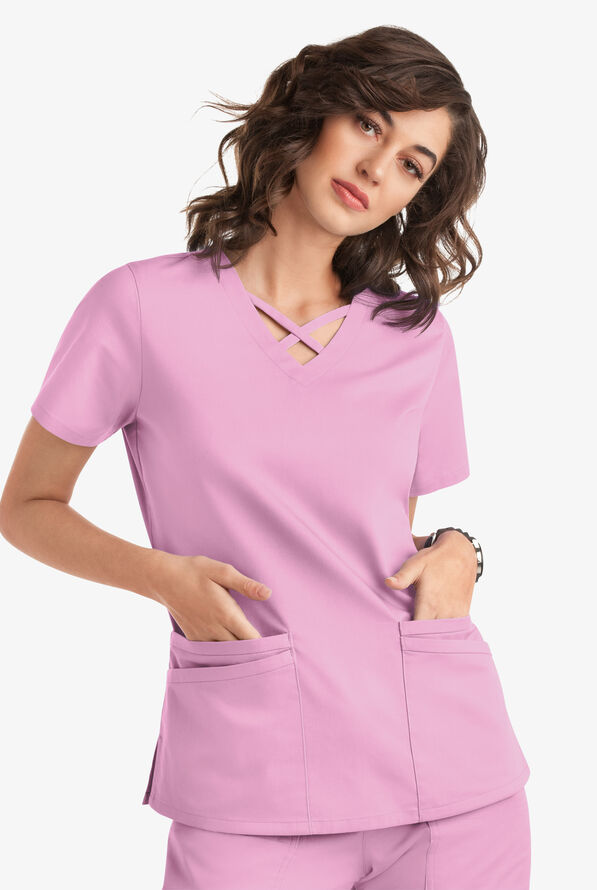 Blusa m&eacute;dica UA Butter-Soft STRETCH con lazos entrecruzados y 4 bolsillos para mujer - Sweet Rose - 5
