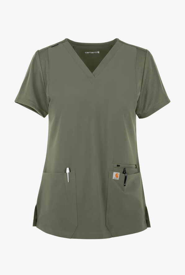 Carhartt Cross-Flex Force Women's 3-Pocket STRETCH Knit Panel Scrub Top - Olive - 1