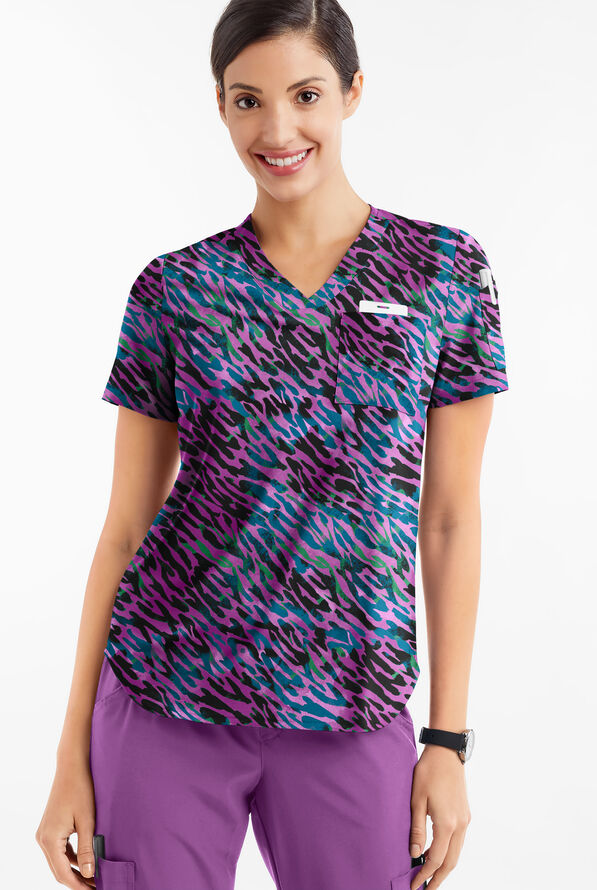 Easy STRETCH Abstract Animal Caribbean Blue Women's 1-Pocket Tuck-In Print Scrub Top - null - 2
