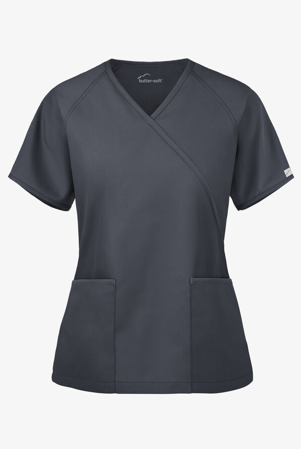 Butter-Soft Core Women's 2-Pocket Solid Mock Wrap Scrub Top - Pewter - 1