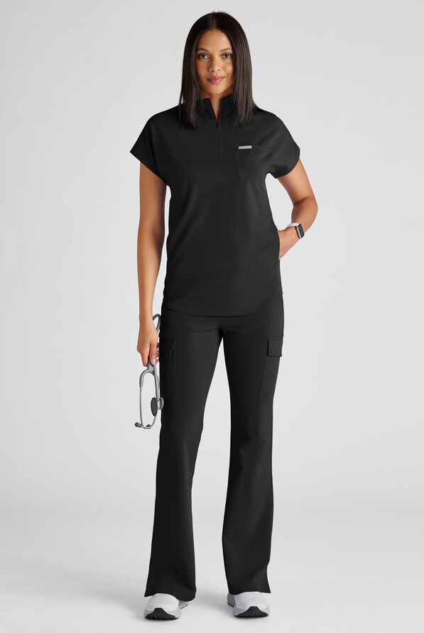 ReSurge Rhine Women's 5-Pocket Oversized Half Zip Stand Collar Scrub Top - Black - 7