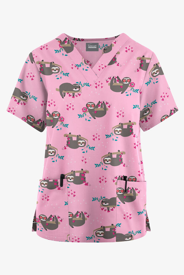 Butter-Soft Originals Slow Love Blush Women's 2- Pocket V-Neck Print Scrub Top - null - 1