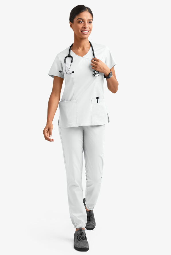 Butter-Soft STRETCH Women's 3-Pocket V-Neck Mock Wrap Scrub Top - White - 6