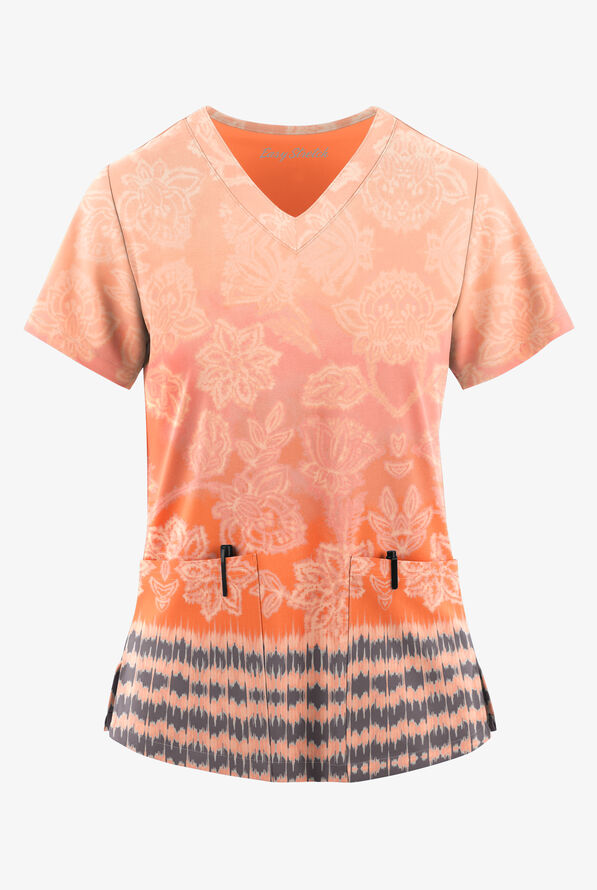 Easy STRETCH Tinted Blossoms Coral Sunset Women's 2-Pocket V-Neck Print Scrub Top - null - 1