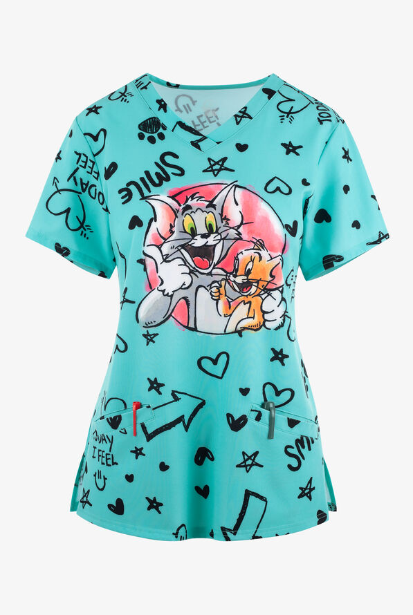 Tom and Jerry Happier Than Ever Women's 2Pocket STRETCH VNeck Print Scrub Top, Cartoon Scrubs