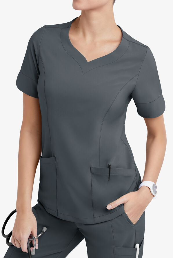 Blusa m&eacute;dica Easy STRETCH Aisha con escote coraz&oacute;n y 2 bolsillos para mujer - Pewter - 3