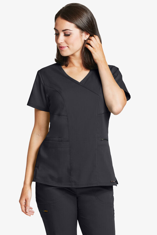 Grey's Anatomy by Barco Spandex STRETCH Kim Women's 3-Pocket Mock Wrap Scrub Top - Black - 2
