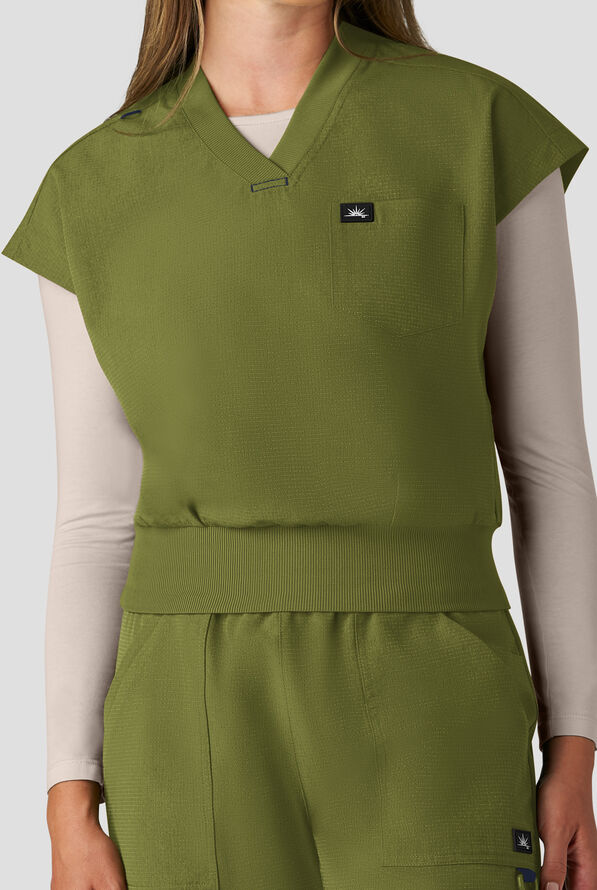 koi Solis Trinity Women's 1-Pocket STRETCH Banded Bottom Split V-Neck Scrub Top - Martini Olive - 5