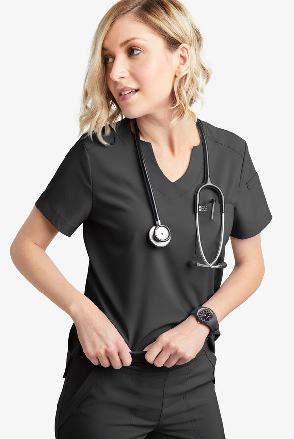 Easy STRETCH Nikki Women's 1-Pocket Scallop Neck Tuck-In Scrub Top - Onyx Black - 6
