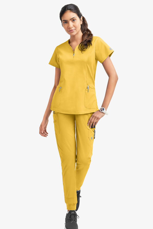 Butter-Soft STRETCH Women's 4-Pocket Curved Neck Zipper Scrub Top - Warm Sun - 2