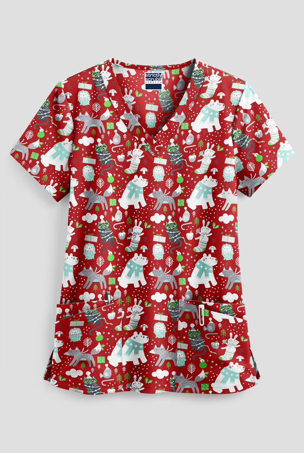 Strictly Scrubs STRETCH Winter Pals Red Women's 4-Pocket Rounded V-Neck Print Scrub Top - null - 1