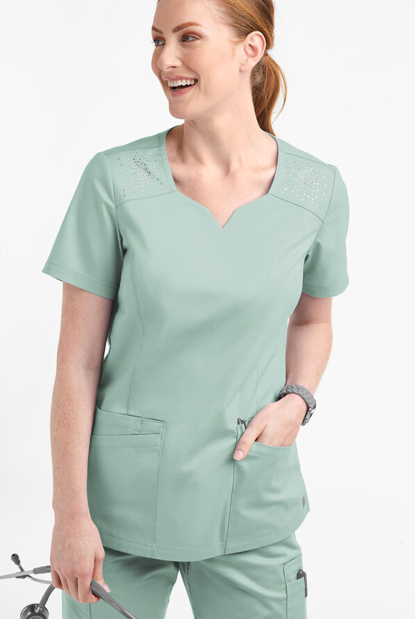 Blusa m&eacute;dica UA Butter-Soft STRETCH Crystal Bling con 6 bolsillos para mujer - Eucalyptus Leaf - 2