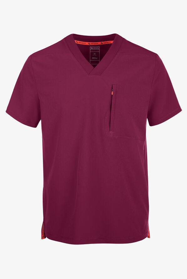 Infinity GNR8 Men's 1-Pocket STRETCH Rib-Knit Panel V-Neck Scrub Top - Wine - 1