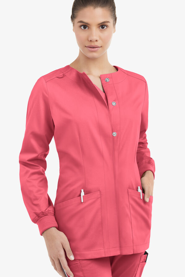 Butter-Soft STRETCH Women's 2-Pocket Long Sleeve Snap Front Scrub Jacket - Rouge Rose - 2