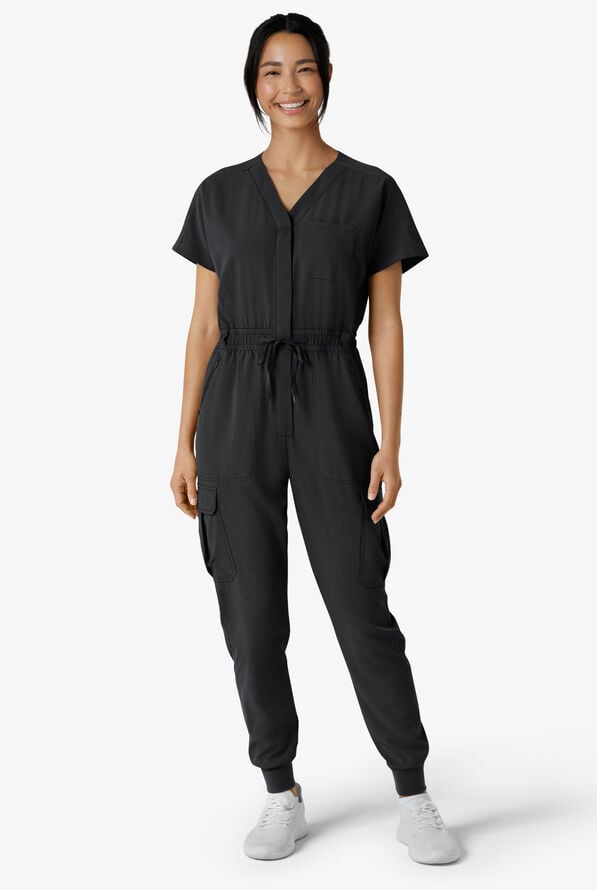 Wink Renew Women's 7-Pocket STRETCH V-Neck Cargo Jogger Jumpsuit - Black - 1